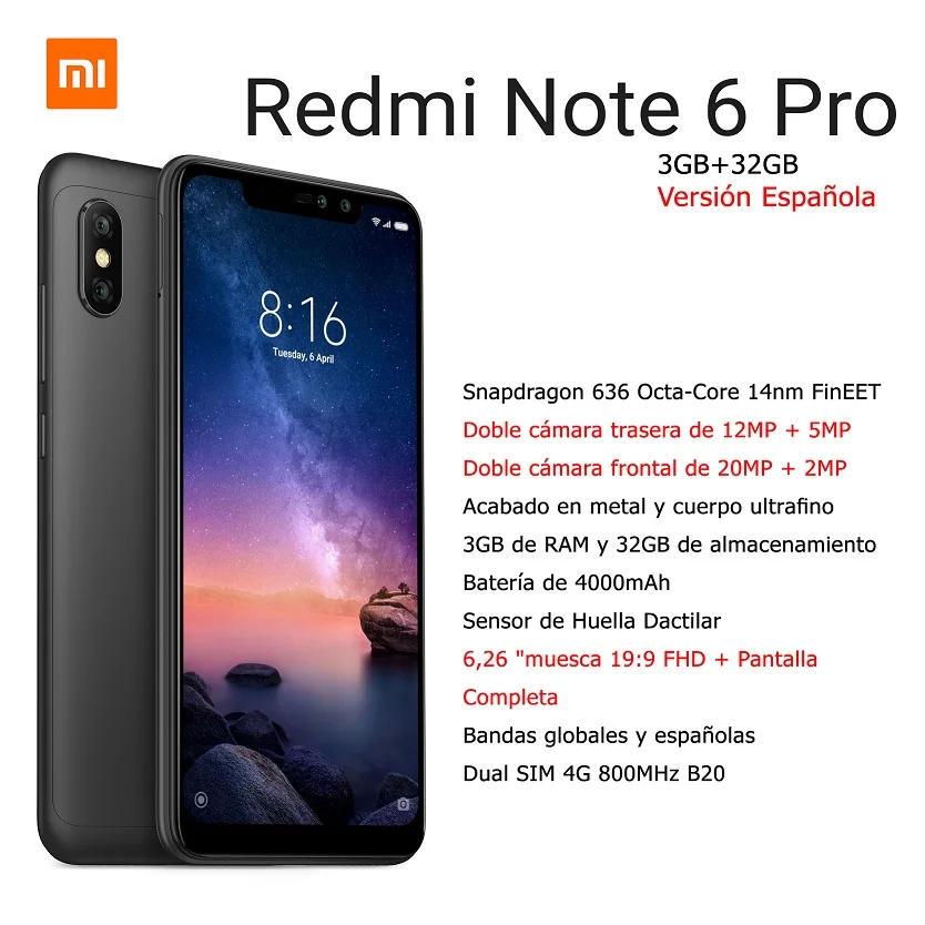[Глобальная версия для Испании] Xiaomi Note Redmi 6 Pro (внутренняя память 4 Гб ram de задняя