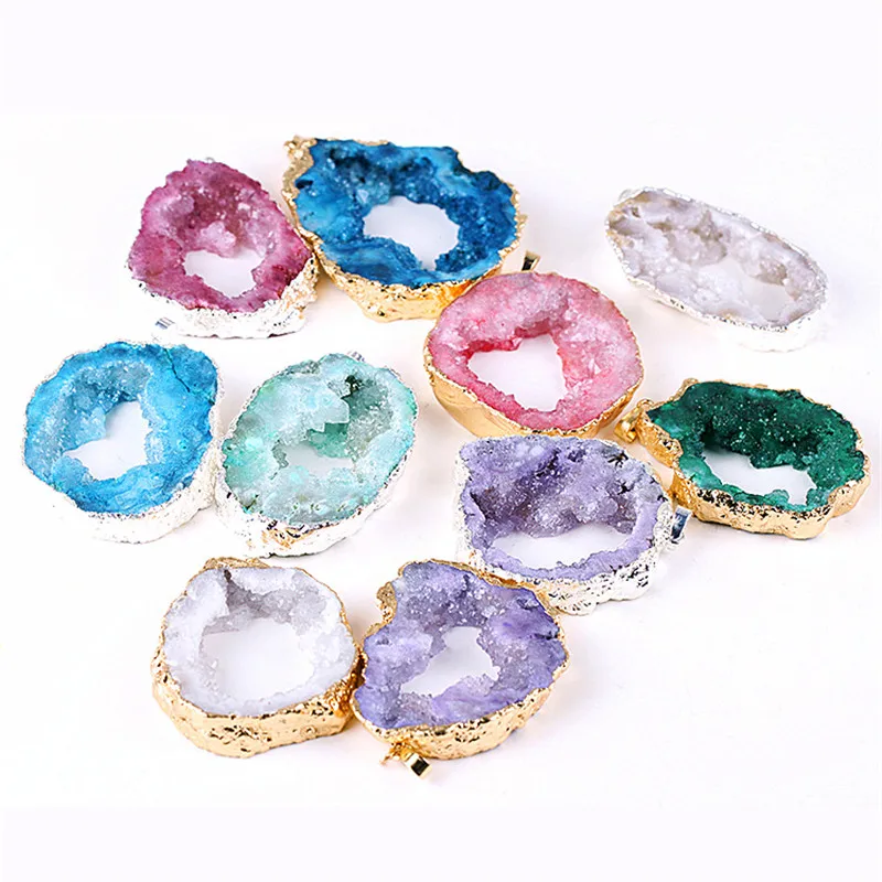 

Natural Brazilian Gold Color Edged Slice Open Agates Slice Geode Drusy Druzys Pendants For Necklace Women Jewelry With Chain