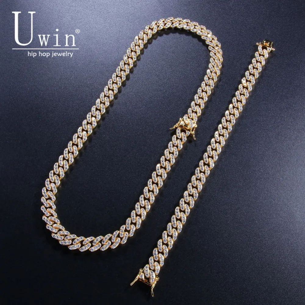 

UWIN 9mm Iced Out Cuban Chian CZ Miami Necklace & Bracelet Set NE+BA Crystal Gold silver color HipHop Jewelry For Gift