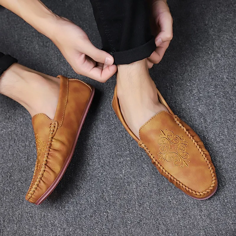 Driving Shoes for Male Black Brown Man Casual Spring Autumn Slip-on PU Leather Anti-slip Loafers Flat | Обувь