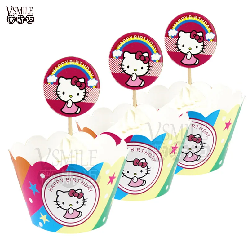 24 шт./компл. довольно Hello Kitty Минни Микки Мыши Дизайн Бумага обертки и топперы для