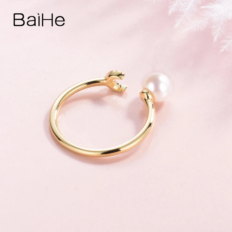 BAIHE Solid 14K желтое золото 5 мм безупречный пресноводный жемчуг для помолвки женские