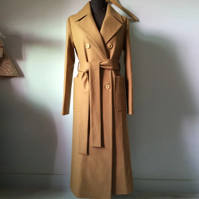 

Autumn Winter Women Long Wool Coat With Belt Solid Color Long Sleeve Elegant Double Breasted Outerwear Ladies Overcoat