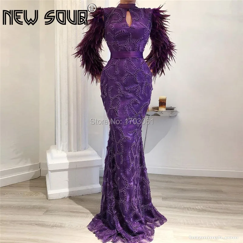

Purple Feathers Prom Dresses Robe De Soiree Longue Couture Dubai Evening Dress With Long Beading Arabic Aibye Mermaid Gowns 2019
