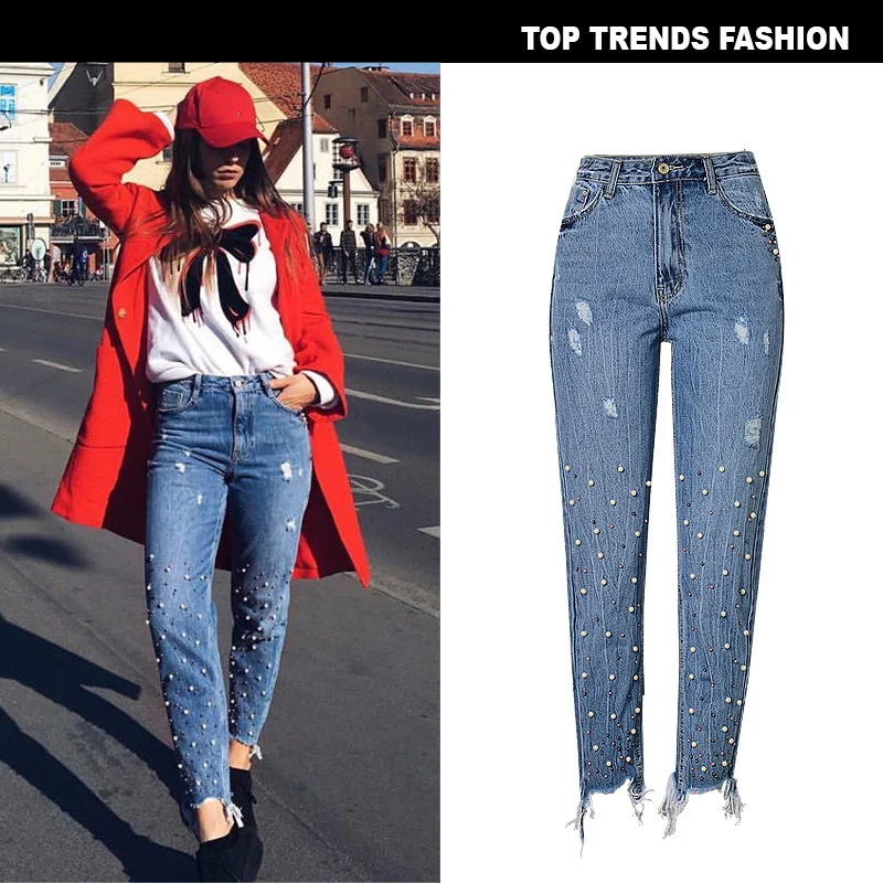 Женские джинсы с кисточками и бусинами свободные высокой талией для мам женская