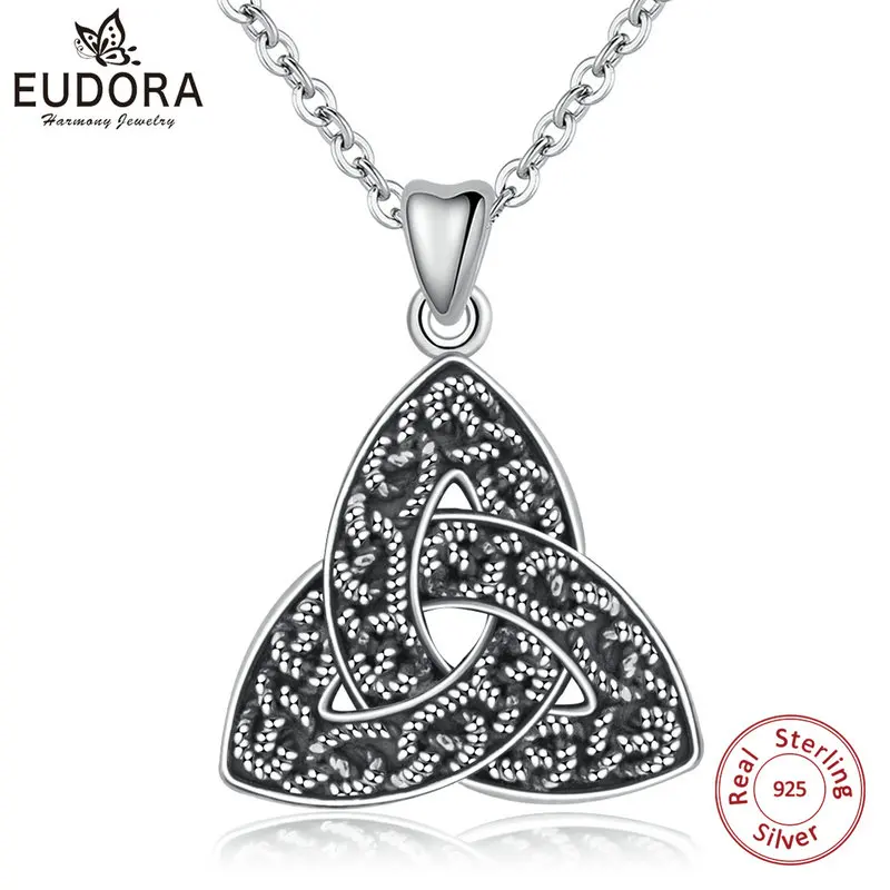 whith chain EUDORA, 925 пробы, серебряное ожерелье с подвеской в виде Троицы, с узлом, трикета, для женщин, окисленное серебро, хорошее ювелирное изделие CYD319 - Окраска металла: whith chain
