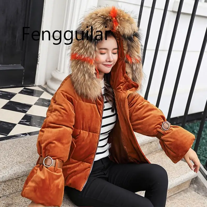 

2019 Korean Simple Winter Big Fur Collar Coat Women Thick Warm Cotton Padded Parkas Gold velvet Winter Jacket Winter Collection