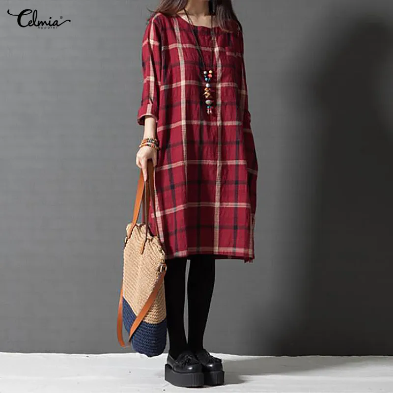 Red Клетчатое платье-рубашка для женщин; сезон осень-зима; Vestidos; повседневная одежда из хлопка и льна с длинным рукавом; Свободные мини-платья размера плюс - Цвет: Red