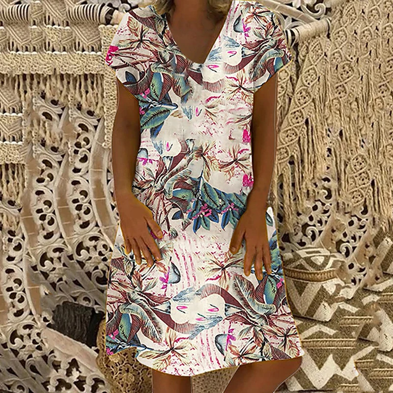 Женское платье пляжное свободное Ретро модное праздничное с коротким рукавом