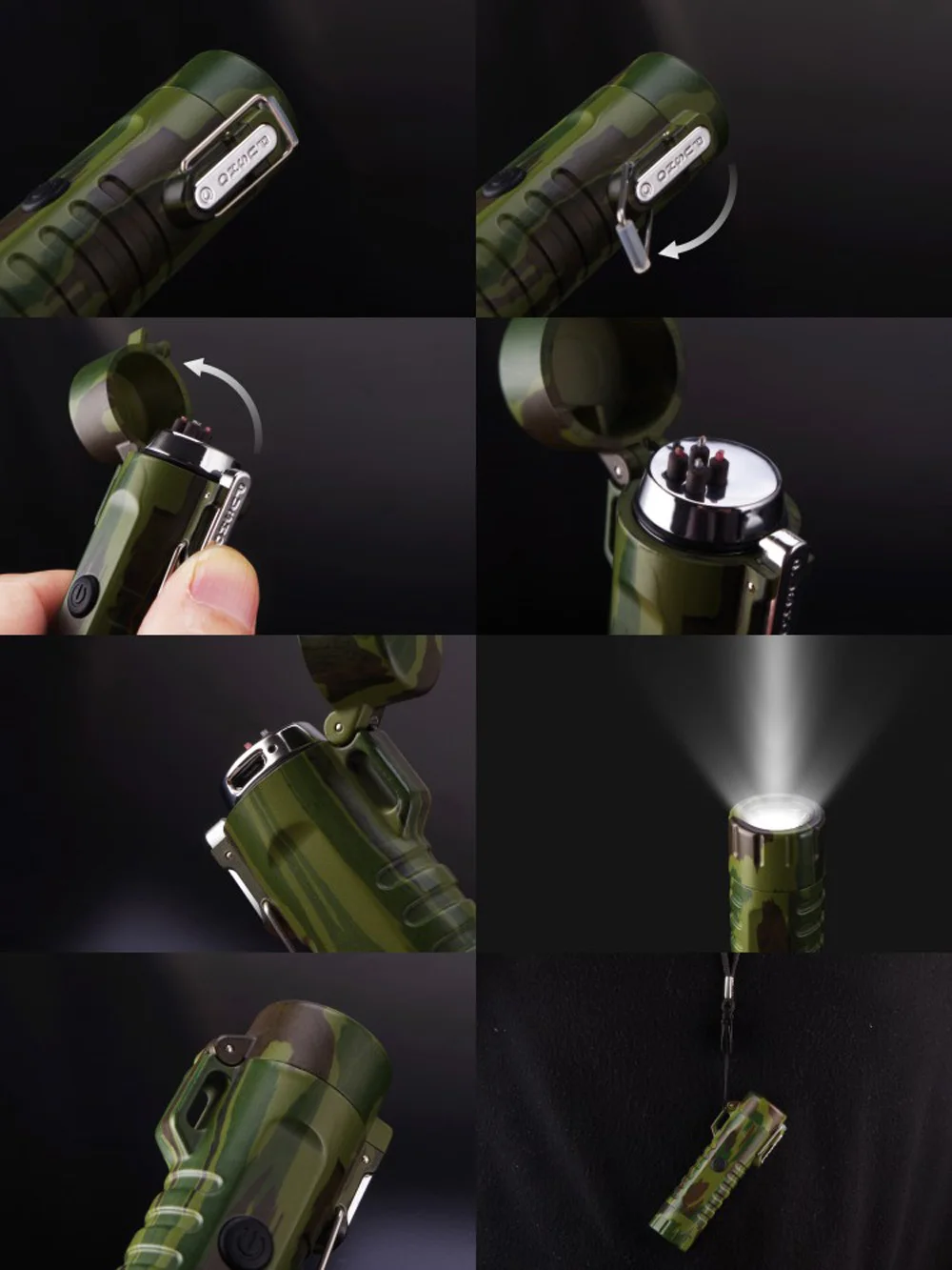Usb светодиодный фонарик плазменная зажигалка, камуфляжные зажигалки, водонепроницаемый фонарь, двойная дуговая Зажигалка для мужчин, для кемпинга, для курения