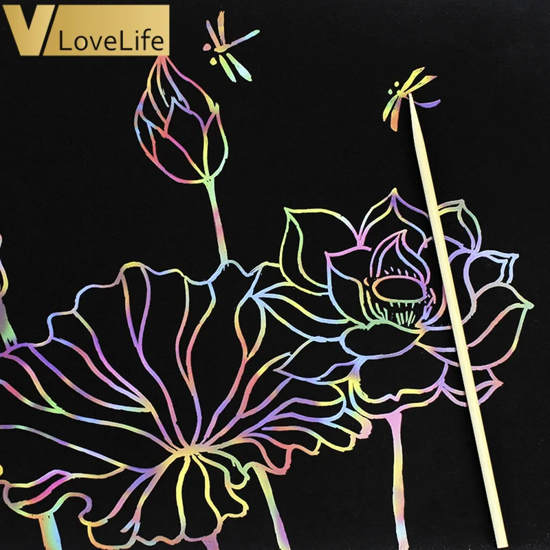 10pcs/lot 26*19cm Magic Color Scratch Art Paper Coloring Cards Available On Both Sides Scraping Drawing Toys For Children | Дом и сад