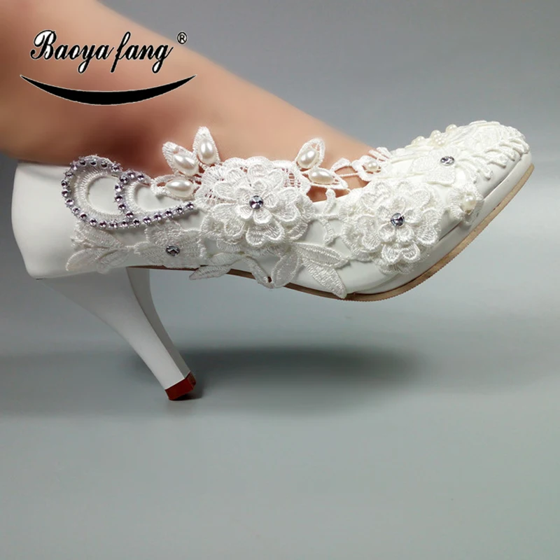 BaoYaFang Round toe Big Flower womens wedding shoes Bridals party dress shoe for woman high shoes Ladies Thin heels Pumps