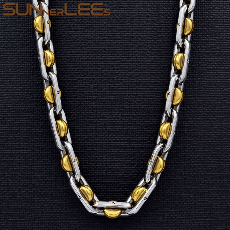 

SUNNERLEES 316L Stainless Steel Necklace 8mm Geometric Beads Link Chain Silver Color Gold Plated Men Women Jewelry Gift SC169 N