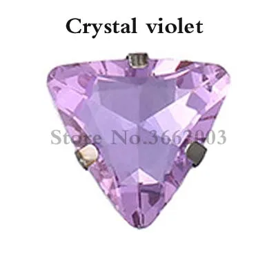 Crystal violet 18 мм превосходное качество треугольные Хрустальные стеклянные плоские с оборота пришивные камни, серебряные когти стразы, аксессуары для одежды - Цвет: Crystal violet