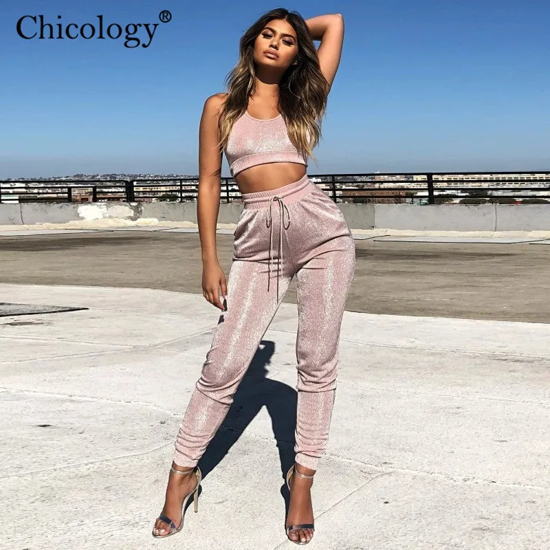 Chicology/Розовый Блестящий укороченный топ на бретелях длинные штаны комплект из 2