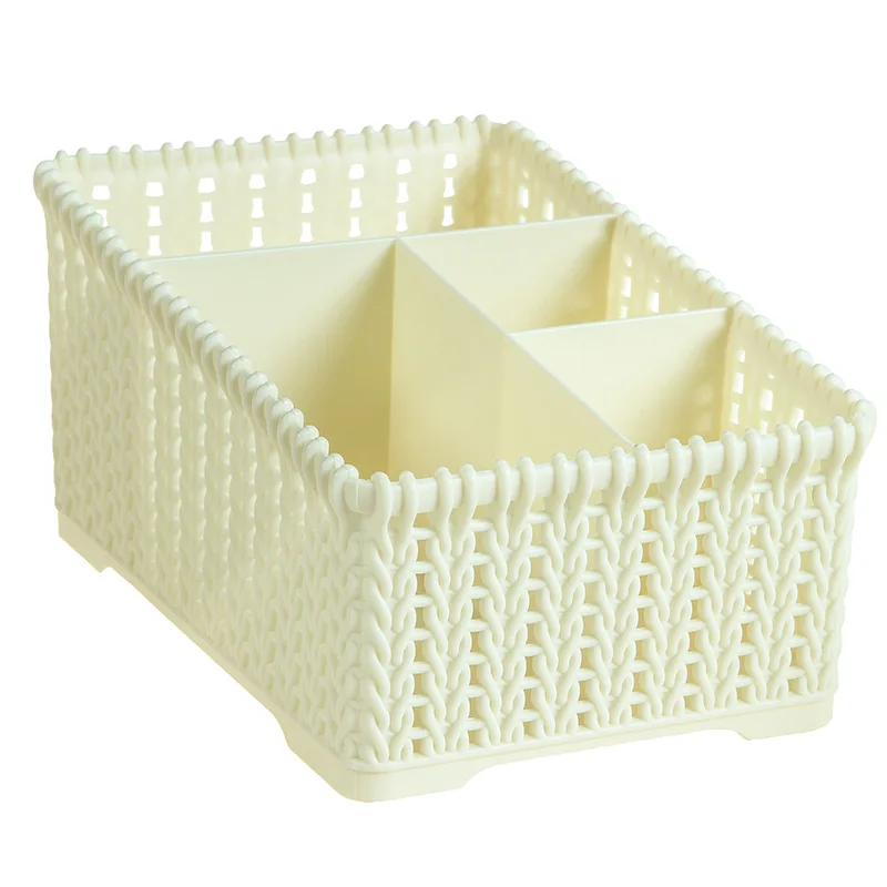 white-large Rattan Cosmetic Storage Box Plastic Makeup Organizer Home Office Desk Storage Brush Holder Case Sundries Basket Object Container - Цвет: white-large