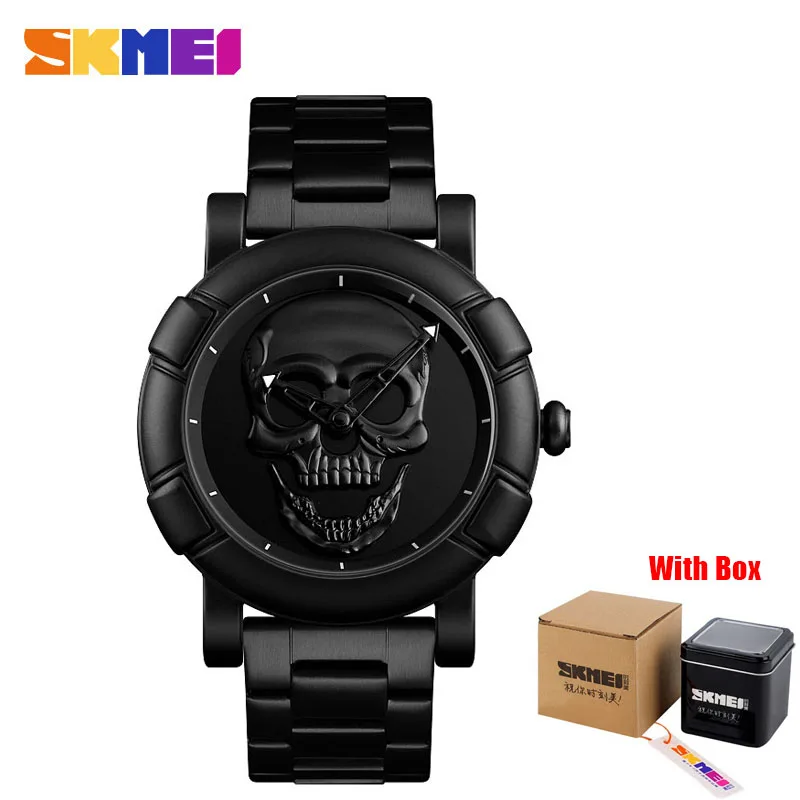 Black With box SKMEI Skull часы мужские часы люксовый бренд кварцевые часы спортивные водонепроницаемые из нержавеющей стали мужские Wristatch Reloj военные часы 9178 - Цвет: Black With box