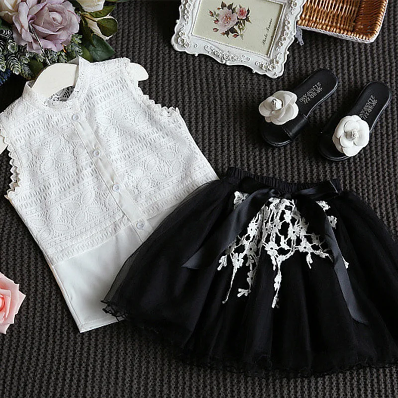 Fashion Children Clothing Summer Girls Clothes Sets 2018 New Kids Sleeveless Lace Shirt Skirt Suits 2Pcs Cotton Girl Outfits Set | Детская
