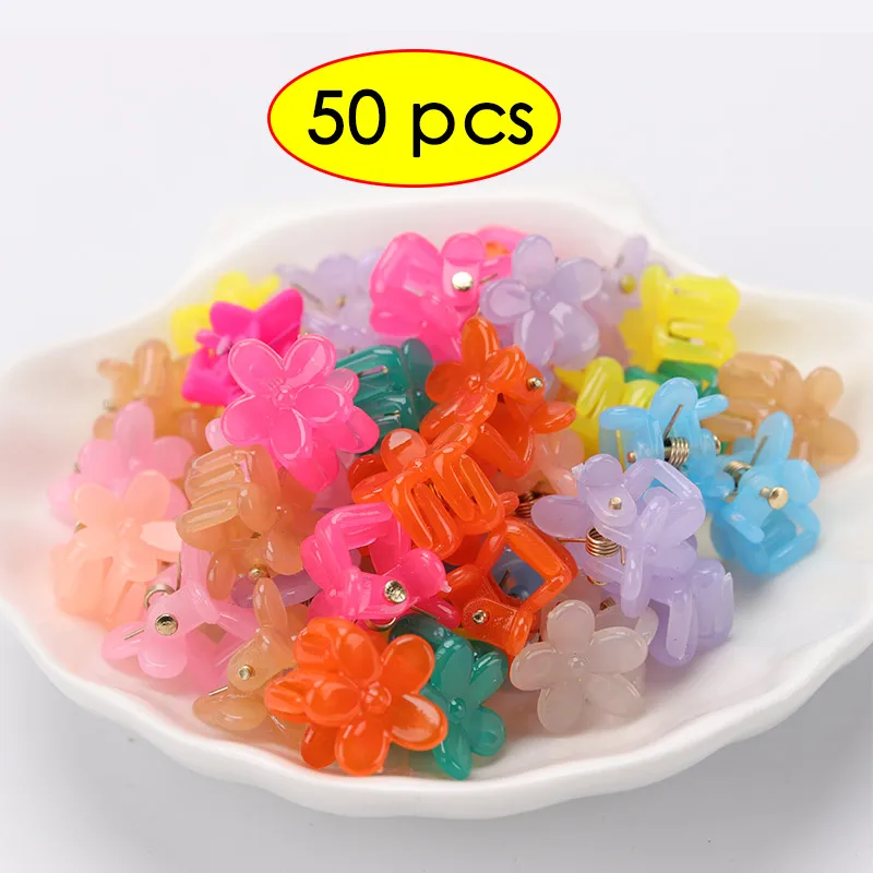 Flower clip 50PCS Детская маленькая заколка-коготь, цветные маленькие желейные бобы, заколки для волос для детей, заколки-цветы конфетного цвета, плетеная веревка для волос - Цвет: Flower clip 50PCS