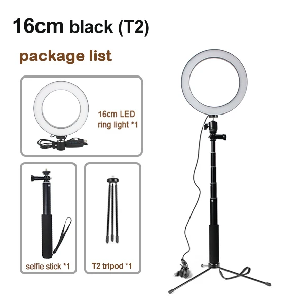 16cm Black Светодиодная студийная кольцевая лампа для фотосъемки 16 см, 20 см, 26 см, кольцевая лампа для фотокамеры со штативом, usb-разъем для держателя телефона, макияж - Цвет: 16cm Black