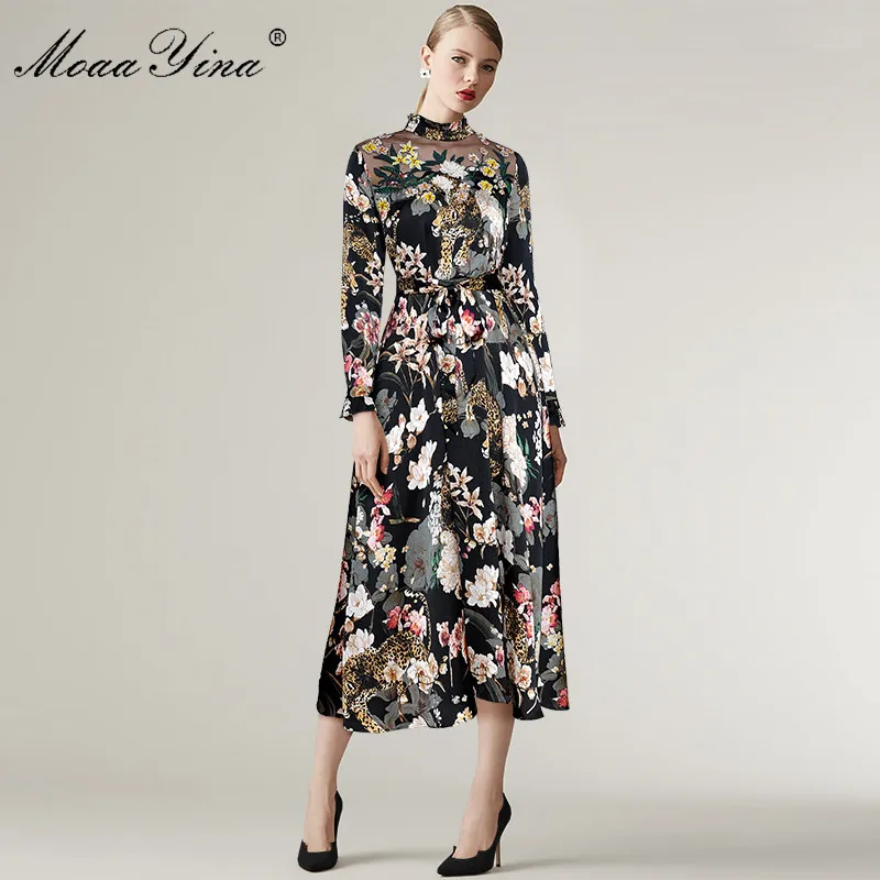 MoaaYina животного Floral Print Стенд воротник с длинным рукавом сетки вышивка алмаз узкие