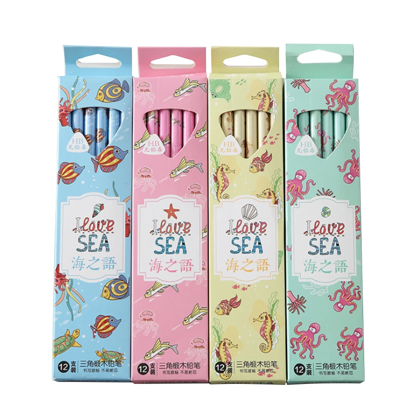 

8packss/lot Cute Sea Language Triangle Beech HB Rubber Head Pencils Raw Non-toxic Pencil Student School Stationery Supplies
