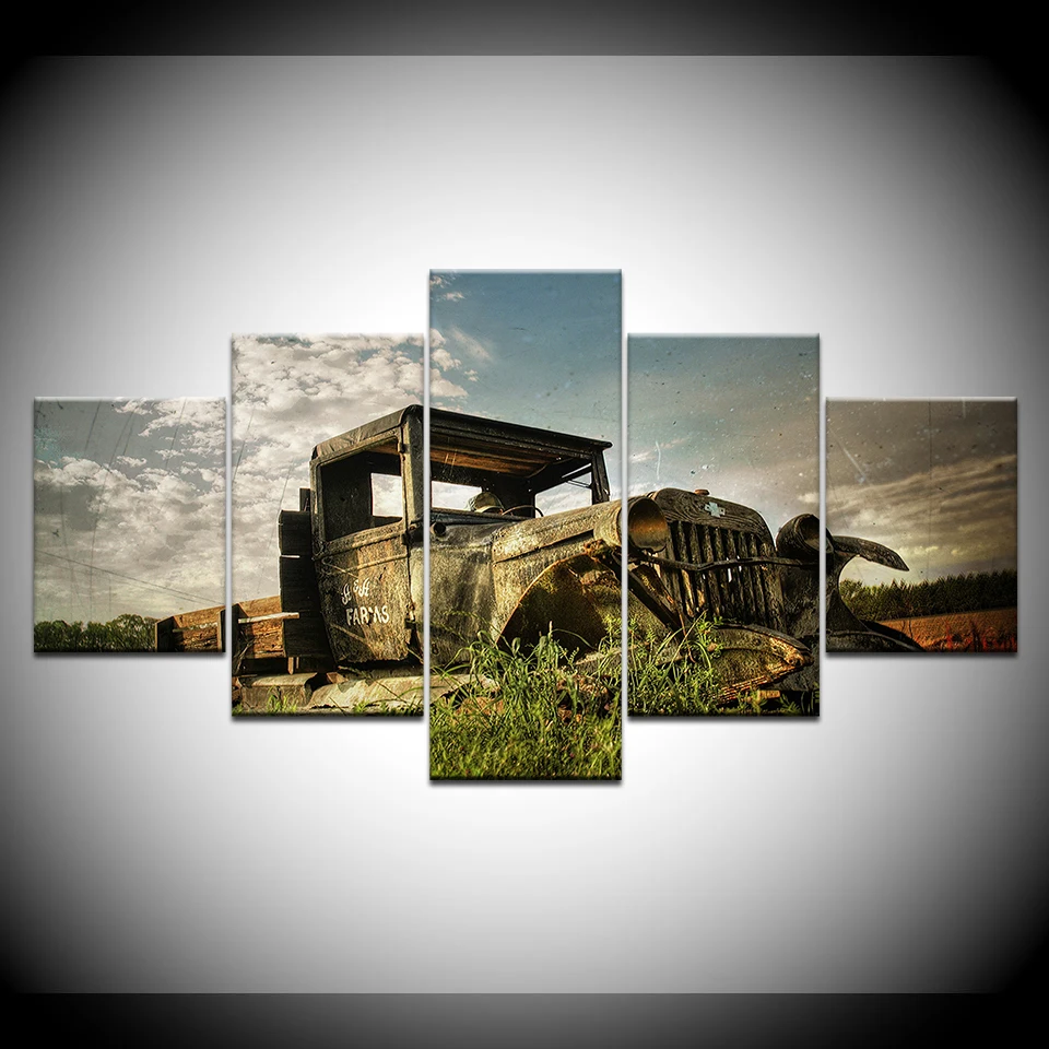 5 Panel Wall Art Old Vintage Truck On The Prairie Painting Picture Print Canvas Car For Home Modern Decor Artwork | Дом и сад