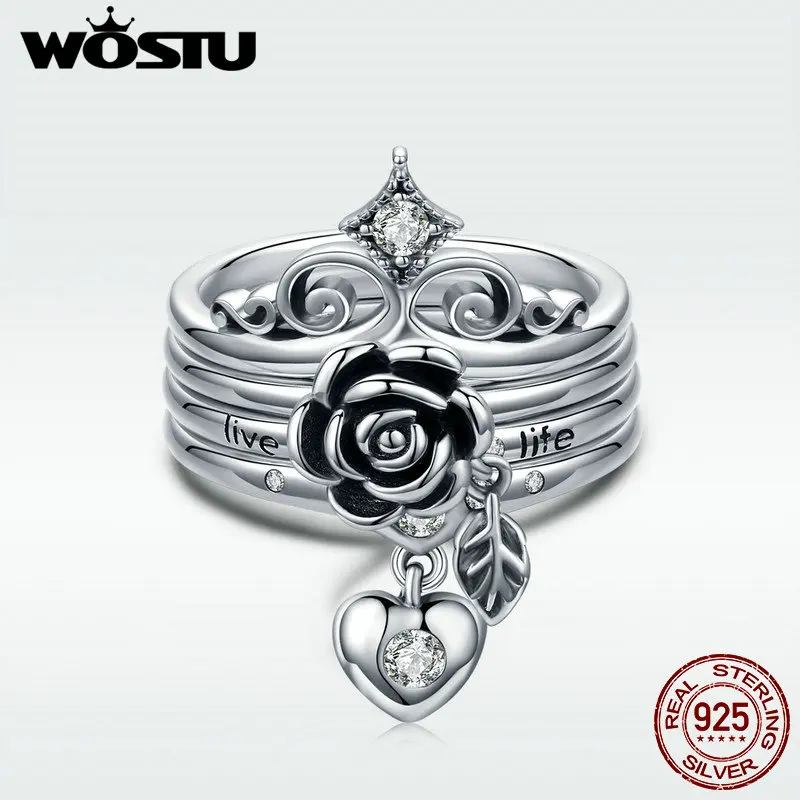 WOSTU, новая коллекция, 925 пробы, серебро, романтическая роза, листья, Женское кольцо на палец, для женщин, свадебное, обручальное, ювелирное изделие