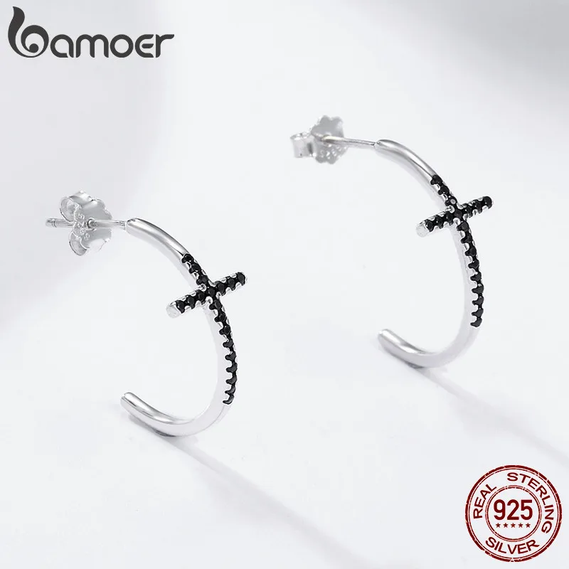 BAMOER, популярные,, 925 пробы, серебряные, классические, крест, черные, CZ, висячие серьги для женщин, Стерлинговое серебро, ювелирные изделия, Brincos SCE262
