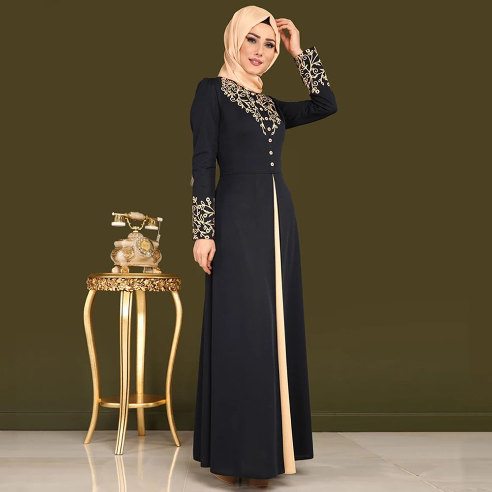 Мусульманское платье Abaya в Дубае черное однотонное с золотым принтом вечернее