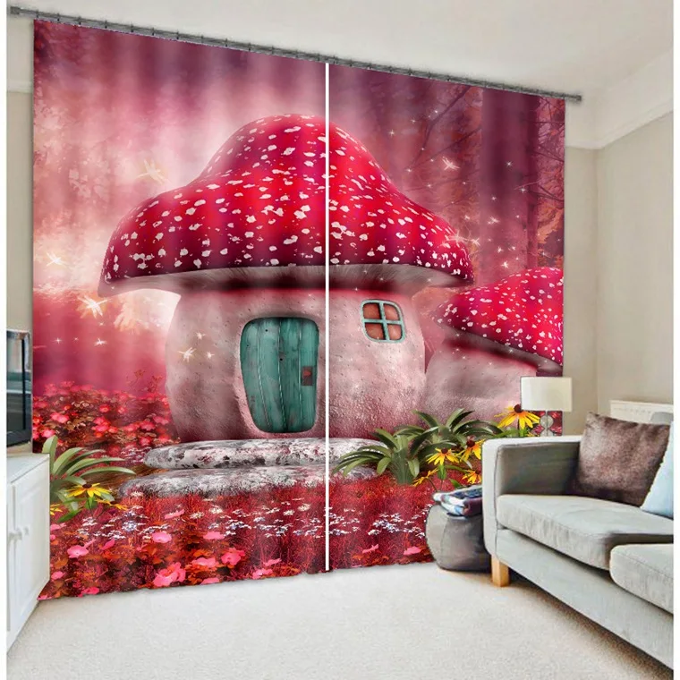 3D затемняющие шторы с изображением домика в виде грибов для детской гостиной