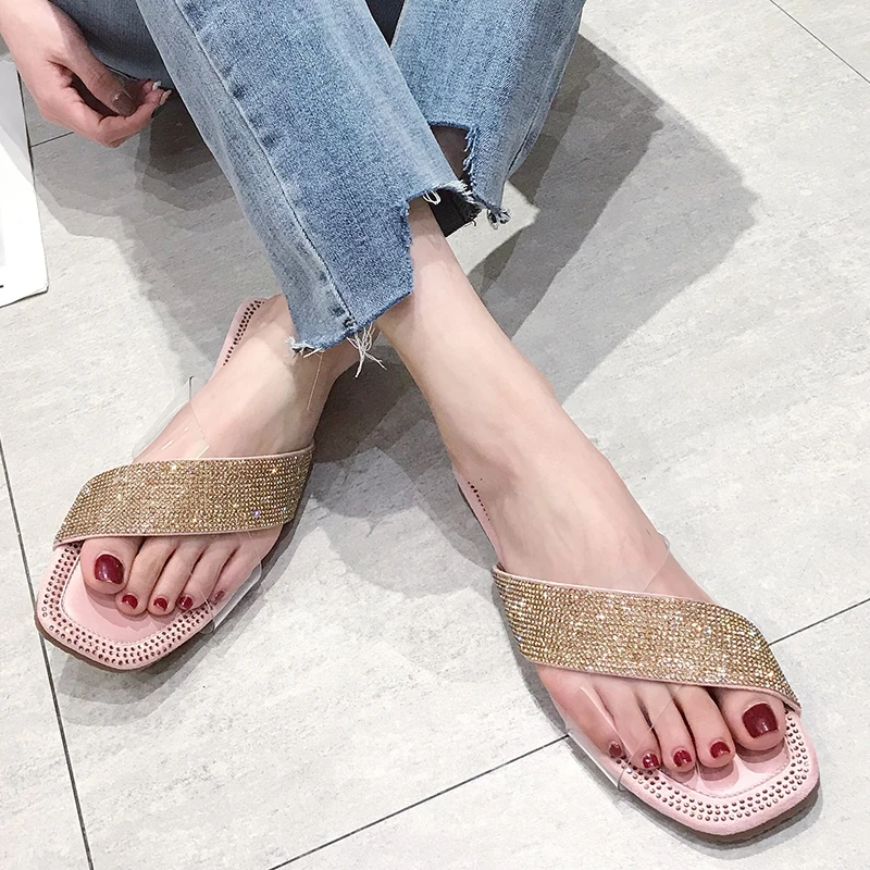 Rimocy shining crystal pvc transparent slippers women summer beach casual slip on flat heels sandals shoes woman yellow slides | Обувь