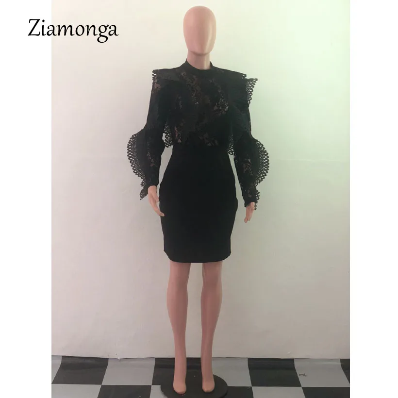 Ziamonga вечерние элегантный оборками кружевное платье осень-зима пикантные черные