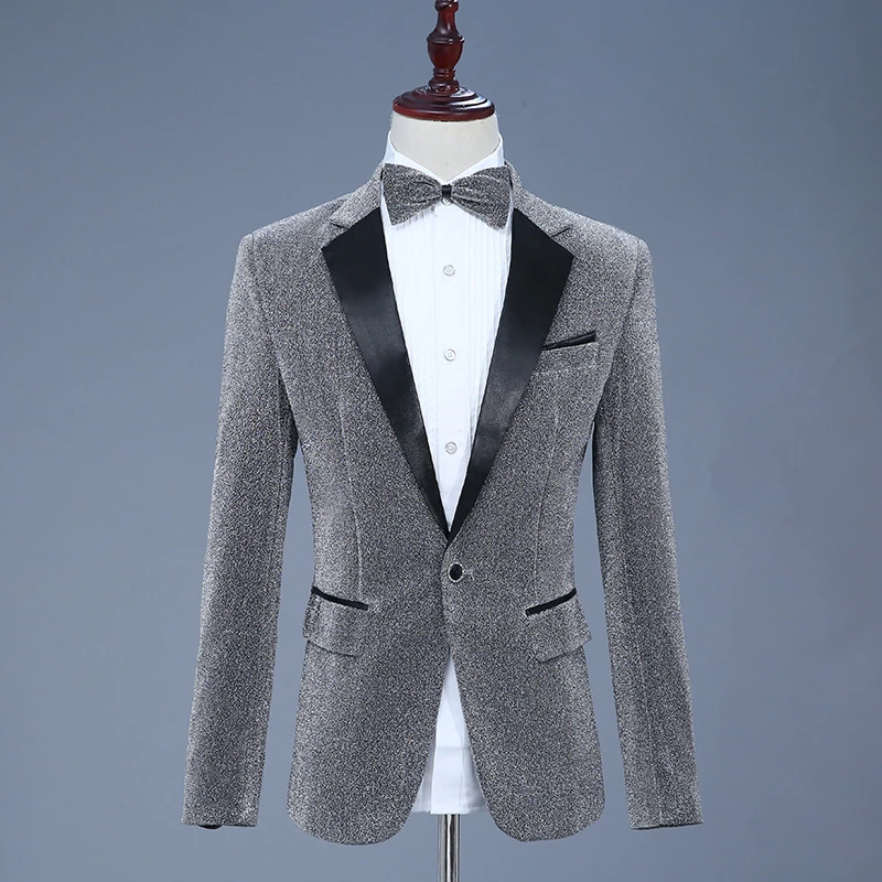 Мужской смокинг костюм Slim Fit серый бархатный блейзер вечерние одна кнопка