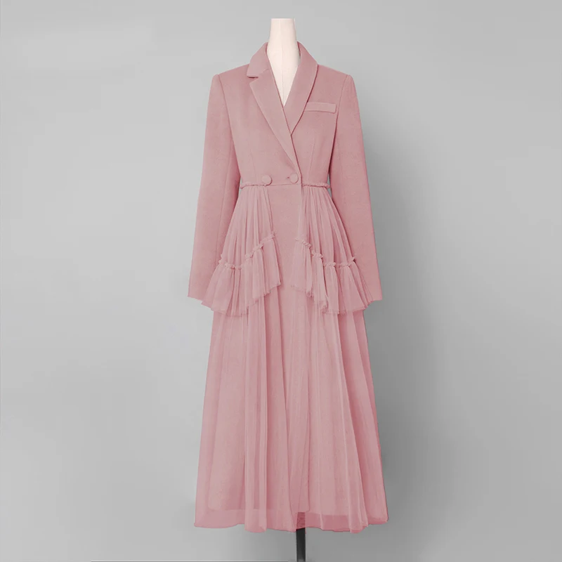 Длинное шерстяное пальто в сеточку двубортное платье с отложным воротником и