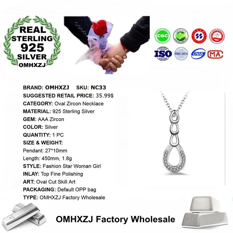 OMHXZJ Wholesale Personality Fashion OL Woman Girl Party Wedding Gift Silver Oval AAA Zircon 925 Sterling Necklace NC33 | Ювелирные