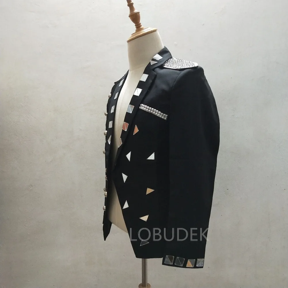 Silvery Rivet Mirrors Blazers Black Slim Coat Nightclub Sequins Stage Costume Men Singer Host Performance Clothes Outerwear | Мужская
