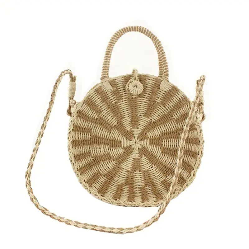 

New Simple Straw Round Women Shoulder Bag Handmade Woven Bohemian Women Handbag Summer Beach Lady Rattan Bag Large Capacity