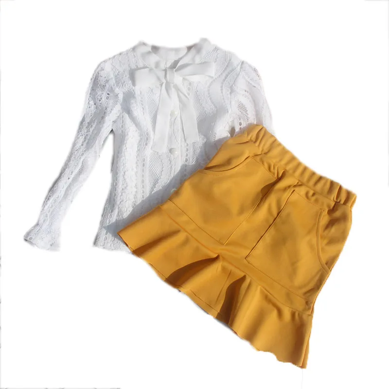 Комплект одежды для девочек осень 2019 кружевная блузка и юбка комплект из двух