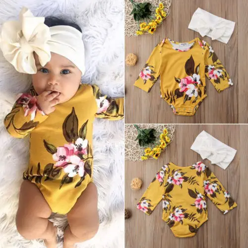 Newborn Baby Girl Long Sleeve Floral Romper+Headband 2Pcs Clothes 0-18M | Детская одежда и обувь