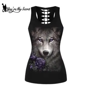 Женская майка с открытой спиной You Are My Secret, черная ажурная футболка в стиле панк с принтом волка, жилет с животными для фитнеса, лето 2021