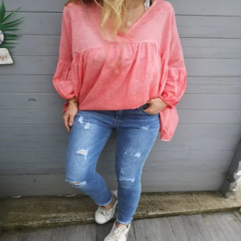 Женские однотонные топы модные с v образным вырезом длинными рукавами свободные