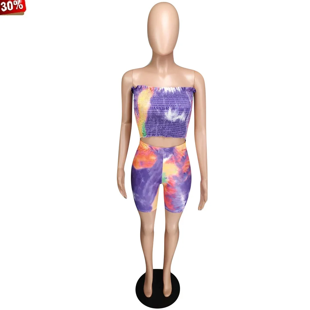 Two Piece Set Sport Tracksuit 2 Pink Sets Women Summer Tie Dye Galaxy Print Strapless Crop Top Short Pants Suti Outfit | Женская одежда