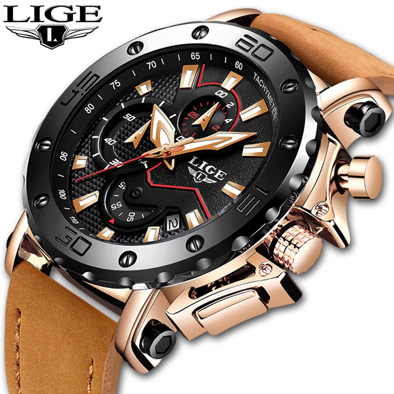 

LIGE Mens Watches Top Brand Luxury Quartz Gold Watch Men Casual Leather Military Waterproof Sport Wristwatch Relogio Masculino