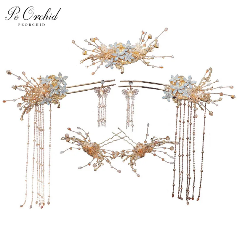 PEORCHID Chinese Bride Hair Jewelry Gold Comb Clip Bridal Pins Flowers Wedding Headdress Ornament Ancient Sticks |