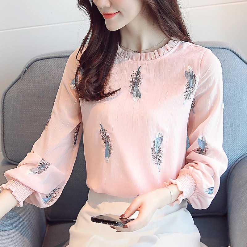 Модные женские блузки 2018 новая вышитая шифоновая рубашка с перьями длинный рукав
