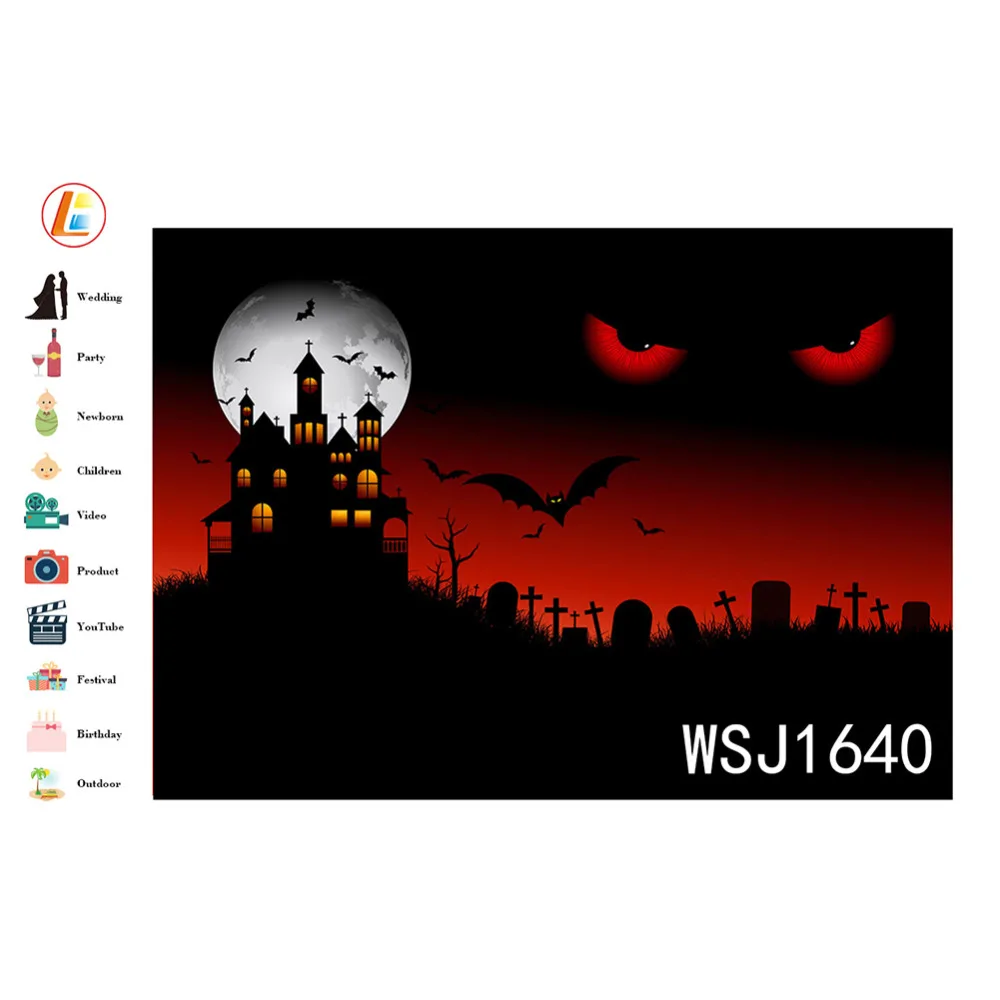 Polyester &amp Vinyl Halloween Scary Cemetery Red Eyes Castle Bats Studio Backdrop Photography Photo Props Photographic Background |