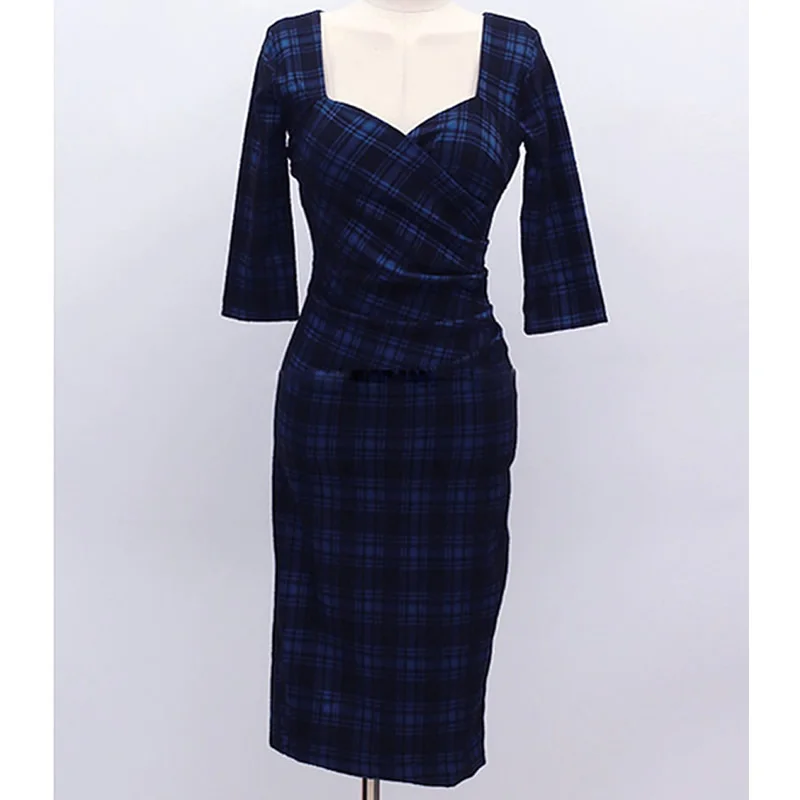 

OL Plaid Bodycon Sexy Dress Knee-Length 3/4 Sleeve Pencil Office Work Women Vestidos