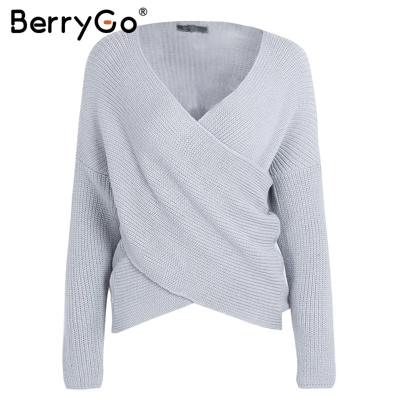 BerryGo Sexy V neck cross knitting winter sweater women Autumn pull knit casual jumper Fashion down sleeve pullover female 2017 | Женская