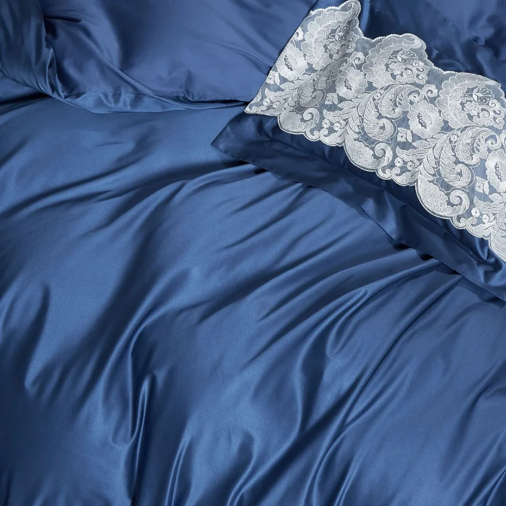 Luxury Solid Blue 120S Egyptian cotton Bedding set Queen King Noble Lace Royal Duvet cover Bed sheet Pillowcase 4/6pc Europe | Дом и сад